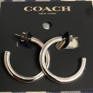 Coach New York Silver Hoop Earrings Polished Metal Stud NWT